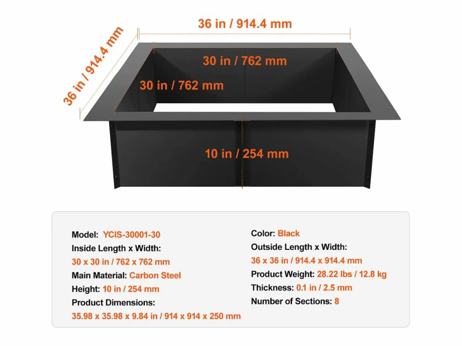 Brasero * Anillo de Chimenea Cuadrado SucceBuy, con Revestimiento Exterior de Acero 91 x 92 cm para Chimenea, Anillo de Fogata Negro