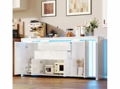 Aparador * Aparador con iluminación LED y 2 cajones - Cómoda de 4 puertas con compartimentos - Mueble de almacenaje - Mueble de cocina/salón - Blanco