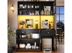 Aparador de cocina 130x45x180 cm con puertas, cajón e iluminación LED, blanco < Hauss Spole Outlet