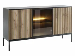 Aparador 3 puertas con luces LED en MDF y vidrio ahumado - Natural y Negro - OVILA < Vente-unique Best
