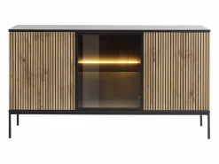 Aparador 3 puertas con luces LED en MDF y vidrio ahumado - Natural y Negro - OVILA < Vente-unique Best