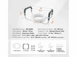 Tapa De Inodoro | Asiento de Inodoro Elevado SucceBuy, 88,9 mm de Altura, Capacidad 136 kg, Barandillas de Aluminio,