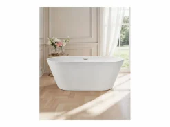Bañera Exenta * Bañera Autoportante SucceBuy en Acrílico, Bañera Isla Moderna y Elegante, 150x75 cm, Gran Capacidad 230 L, con Rebosadero y Desagüe en Níquel Cepillado Blanco