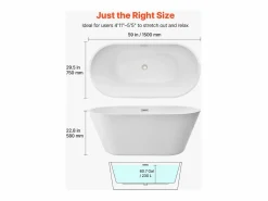 Bañera Exenta * Bañera Autoportante SucceBuy en Acrílico, Bañera Isla Moderna y Elegante, 150x75 cm, Gran Capacidad 230 L, con Rebosadero y Desagüe en Níquel Cepillado Blanco
