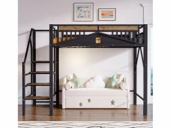 Cama alta de metal - 140 x 200 cm - con barandilla + escalera de seguridad - madera + metal - < Merax New