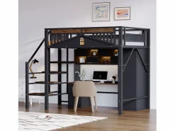 Cama alta de metal - 140 x 200 cm - con barandilla + escalera de seguridad - madera + metal - < Merax New