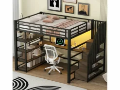 Cama alta de metal - 140 x 200 cm - con escalera de almacenaje + escritorio + estante + USB + LED - MDF + metal - < Merax