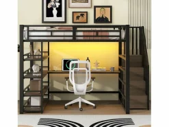 Cama alta de metal - 140 x 200 cm - con escalera de almacenaje + escritorio + estante + USB + LED - MDF + metal - < Merax