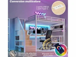 Cama alta infantil - 90 x 200 cm - estructura de hierro - con estante + LED + escritorio + escalera de almacenaje + USB - metal - < Merax Sale