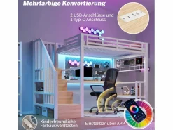 Cama alta infantil - 90 x 200 cm - estructura de hierro - con estante + LED + escritorio + escalera de almacenaje + USB - metal - < Merax Sale