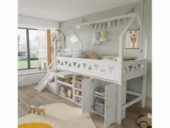 Cama cabaña 90x200 cm - Cajón y casillero - Con tobogán y escaleras de puerta magnética - Madera maciza - < DripeX New