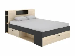 Cama con almacenaje 140 x 190 cm natural y antracita + somier + colchón - LEANDRE < Vente-unique Online