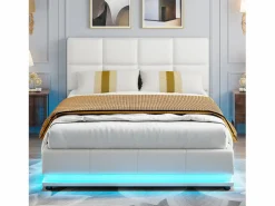 Cama Con Almacenaje|Cama Adulto | Cama doble tapizada 140x190 cm con iluminación LED, somier de láminas y almacenaje, PU, color blanco