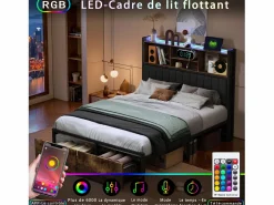 Cama Con Almacenaje|Cama Infantil * Cama doble 140 x 200 cm con 2 cajones - Iluminación LED y puerto USB - Cabecero con espacio de almacenaje - Negro