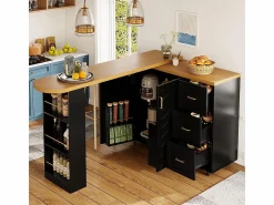Carro de bar extensible con 2 puertas y 3 cajones, con ruedas, mostrador exterior de madera, < KOMHTOM Outlet