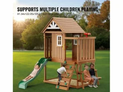 Cabaña Infantil * Casita de Juegos para Niños, SucceBuy - Casa de Juegos de Madera para Exteriores con Tobogán, Escalera y Ventana, Casa de Juegos de Jardín