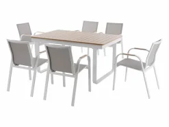 Comedor de jardín de aluminio: mesa extensible de aluminio L.155/246 cm y 6 sillones - Natural claro y blanco - SERUNO de < MYLIA