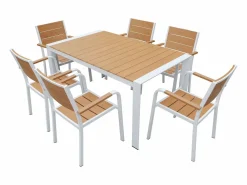 Comedor de jardín de aluminio: una mesa L.150 cm y 6 sillones apilables - Natural claro y blanco - NYROS de < MYLIA Discount