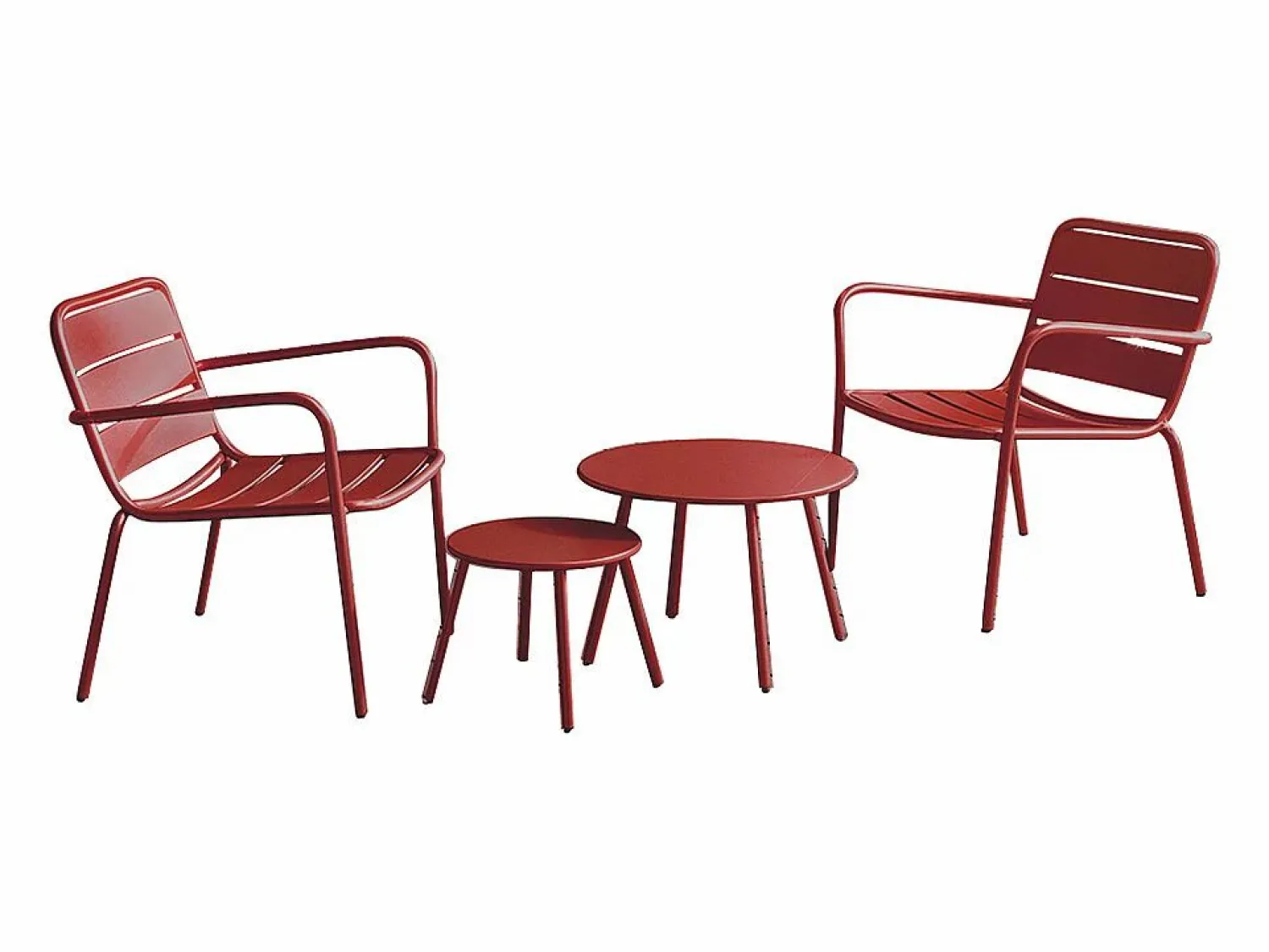 MYLIA Colección Rouge Passion|Salones De Jardín | Conjunto de jardín de metal: 2 sillones bajos apilables y mesas nido -
