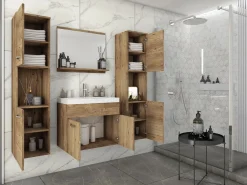Conjunto De Baño * Conjunto de baño colgante con lavabo, espejo y 2 columnas, castaño mate Color natural oscuro