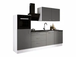 Cocina Completa * Conjunto de cocina: Blanco Mate, Gris Mate, dimensiones: largo: 250 cm, alto: 220 cm, fondo: 60 cm Gris antracita