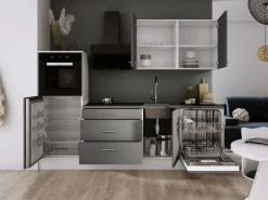 Cocina Completa * Conjunto de cocina: Blanco Mate, Gris Mate, dimensiones: largo: 250 cm, alto: 220 cm, fondo: 60 cm Gris antracita