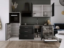 Cocina Completa * Conjunto de cocina: Blanco Mate, Mate, dimensiones: largo: 250 cm, alto: 220 cm, fondo: 60 cm Negro