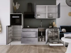 Cocina Completa * Conjunto de cocina: Blanco Mate, Hormigón, dimensiones: ancho: 250 cm, alto: 220 cm, fondo: 60 cm Gris