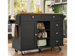 DripeX Isla Cocina | Isla central de cocina con 5 cajones 3 nichos y 1 puerta, con patas fijas y ruedas, 134x46x92cm -