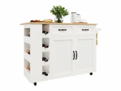 DripeX Isla Cocina * Isla central de cocina con estante para vino 2 cajones y 2 puertas - 2 enchufes - +natural - 131.5x43/76x90.7cm Blanco