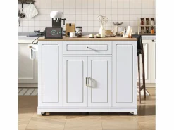 Hauss Spole Isla Cocina * Isla de cocina con ruedas con USB, 2 cajones y 2 puertas - Compartimento para papelera - y natural Blanco