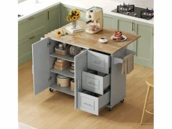 Hauss Spole Isla Cocina * Isla de cocina con ruedas 137x43/76 cm con 3 cajones y 2 puertas - y madera Gris