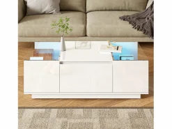 Mesa de centro blanca - Mesa de centro con iluminación LED y 2 cajones - tapa de cristal < New