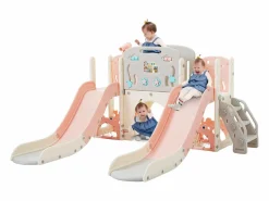 Merax Tobogán * Parque infantil 8 en 1 - 197 x 167 x 98 cm - Fabricado en HDPE - Con túnel arqueado y estructura de escalada - Rosa