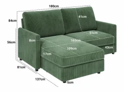 2 -Seater Corner Sofa - ángulo reversible derecho / izquierda - 180x140x86cm - en tela de terciopelo acanalado - carga máxima de 300 kg - < DripeX Sale