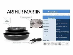 Arthur Martin Material Y Utensilios De Cocina * Set de 3 sartenes 20/24/28 cm antiadherente efecto piedra, mango desmontable, para todo tipo de fuegos incluyendo inducción Negro