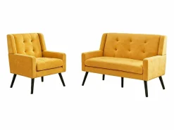 Hauss Spole Conjunto Sofá Y Sillón * Sofá de dos plazas y sillones en tejido de lino - Juego de 2 con patas de madera Amarillo