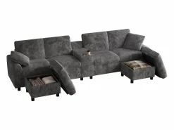 Sofá de esquina moderno en forma de U - con USB y Type-C - con 2 reposapiés con almacenamiento - con 2 portavasos - pana acanalada - < ModernLuxe Online